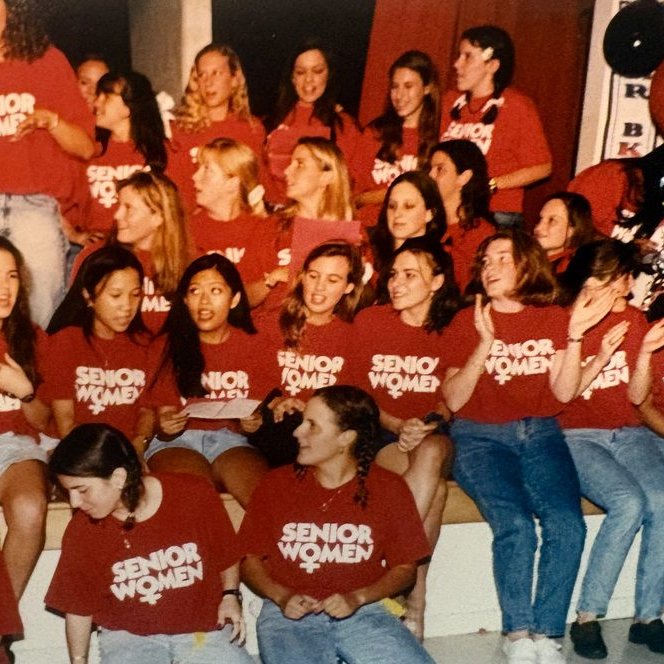 Group of BKHS classmates in red 'Senior Women' shirts, 1996