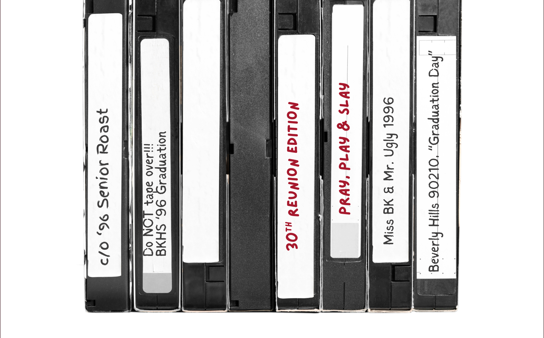 Stack of labeled VHS tapes including "Pray, Play & Slay," "30th Reunion Edition," and other BKHS Class of '96 throwback labels